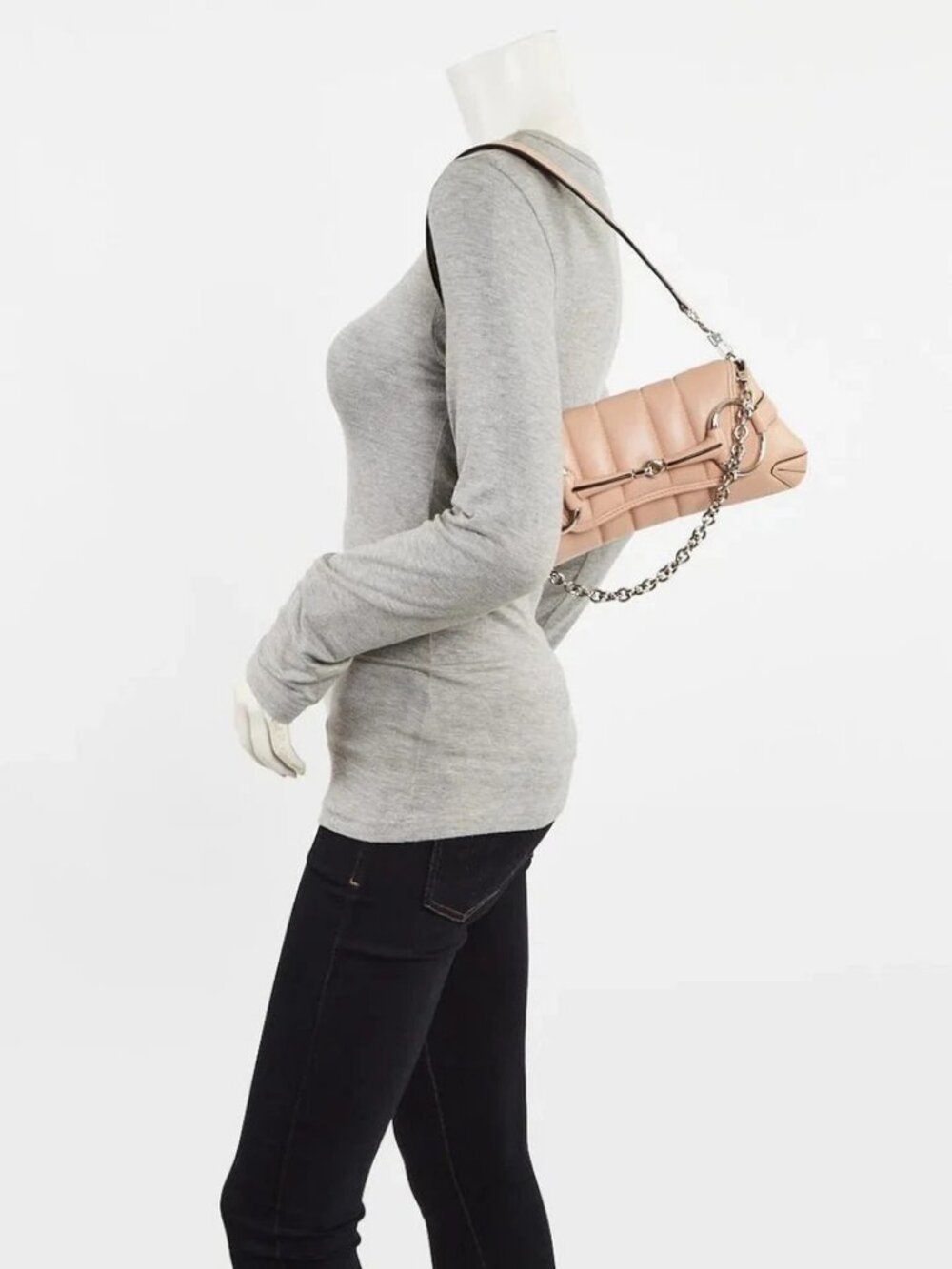 Gucci Beige Quilted Lambskin Leather Small Horsebit Chain Shoulder Bag
